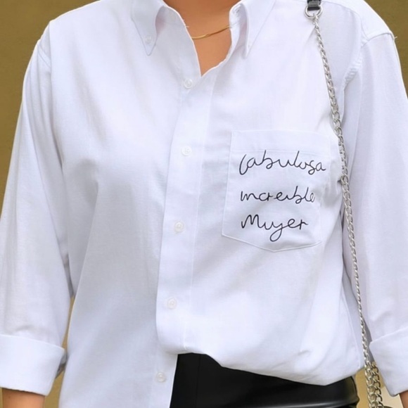 Button Down Shirt White Long Sleeve Chingona Mujer Mexicana Hand Painted Small - Picture 5 of 13